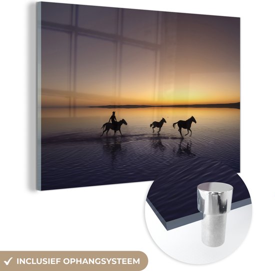 MuchoWow® Glasschilderij - Paarden - Water - Silhouet - Acrylglas Schilderijen - Foto op Glas