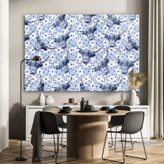 MuchoWow® Peinture sur verre 180x120 cm - Peinture sur verre acrylique - Highlander écossais - Vache - Bleu de Delft - Photo sur verre - Peintures