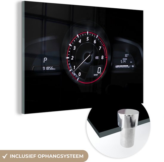 MuchoWow® Glasschilderij 30x20 cm - Schilderij acrylglas - Modern snelheidsmeter op dashboard van auto - Foto op glas - Schilderijen