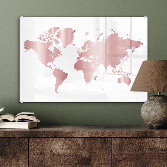 Tableau sur verre MuchoWow® 60x40 cm - Tableau sur verre acrylique - Wereldkaart - Rose - Enfants - Garçons - Filles - Photo sur verre - Décoration murale salon - Décoration murale chambre - Peintures