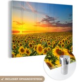 Glasschilderij - Foto op glas - Zonnebloem - Bloemen - Veld - Geel - Acrylplaat - Glasschilderij bloemen - Schilderij natuur - 180x120 cm - Acrylglas - Wanddecoratie - Muurdecoratie