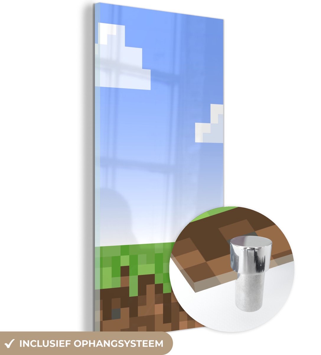 MuchoWow® Glasschilderij 60x120 cm - Schilderij acrylglas - Gaming - Pixel - Gamen - Gras - Foto op glas - Schilderijen