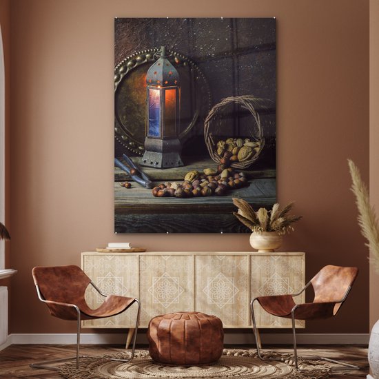 MuchoWow® Peinture sur verre 120x160 cm - Peinture sur verre acrylique - Boek - Nature morte - Noyer - Lanterne - Vintage - Photo sur verre - Peintures