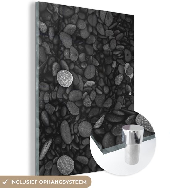Glasschilderij - Kiezelsteen - Zwart - Wit - Stenen - 120x160 cm - Wanddecoratie - Kamer decoratie