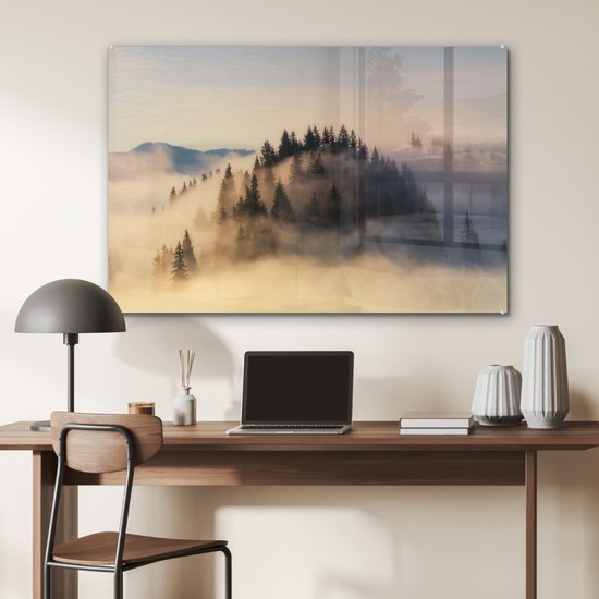 MuchoWow® Peinture sur verre 90x60 cm - Peinture sur verre acrylique - Lever de soleil brumeux dans les montagnes en été - Photo sur verre - Peintures