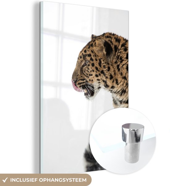 MuchoWow® Peinture sur verre 80x120 cm - Peinture sur verre acrylique - Léopard - Neige - Tête - Photo sur verre - Peintures