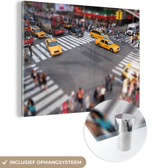 MuchoWow® Glasschilderij 80x60 cm - Schilderij acrylglas - New York - Amerika - Taxi - Foto op glas - Schilderijen