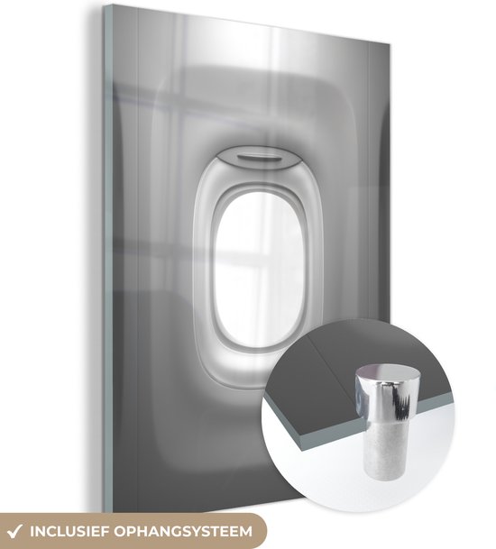 MuchoWow® Peinture sur verre 90x120 cm - Peinture sur verre acrylique - Fenêtre d'avion - noir et blanc - Photo sur verre - Peintures