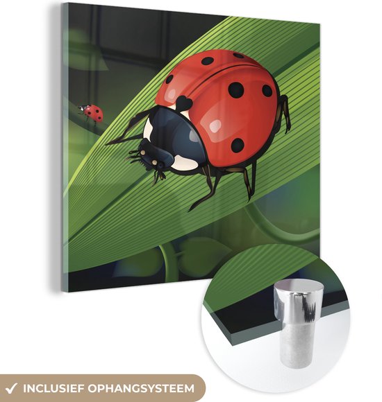 MuchoWow® Glasschilderij 90x90 cm - Schilderij acrylglas - Lieveheersbeestje - Bladeren - Insecten - Foto op glas - Schilderijen