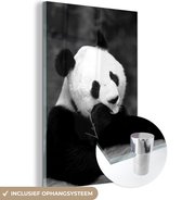 MuchoWow® Glasschilderij 120x180 cm - Schilderij acrylglas - Een etende panda - zwart wit - Foto op glas - Schilderijen