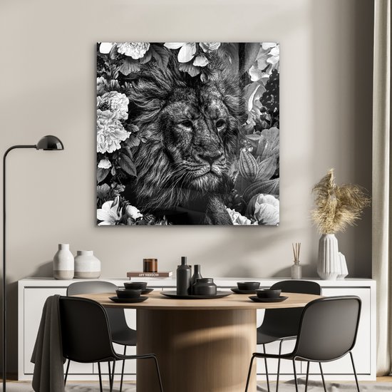 Peinture sur Verre - Lion - Fleurs - Feuille - Zwart - Wit - 90x90 cm - Peintures sur Verre Peintures - Photo sur Glas