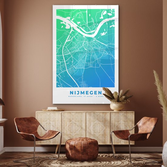 MuchoWow® Glasschilderij 100x150 cm - Schilderij acrylglas - Stadskaart - Nijmegen - Blauw - Groen - Foto op glas - Schilderijen - Plattegrond