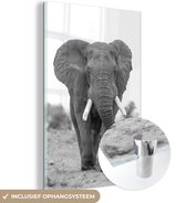 MuchoWow® Glasschilderij 100x150 cm - Schilderij acrylglas - Tegemoetkomende olifant - zwart wit - Foto op glas - Schilderijen