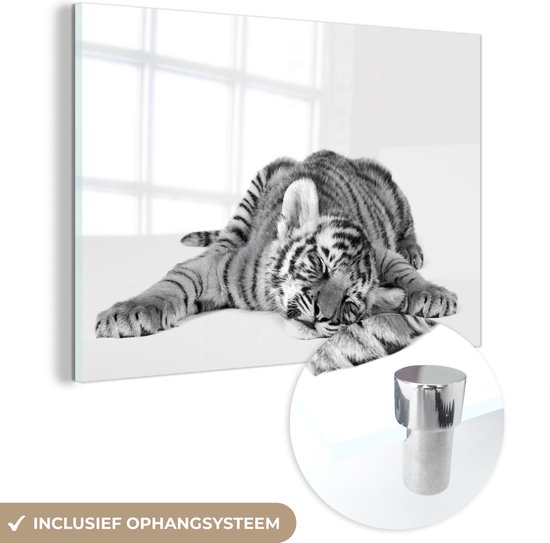 MuchoWow® Peinture sur Verre - Tigre Endormi - noir et blanc - 90x60 cm - Peintures sur Verre Acrylique - Photo sur Glas