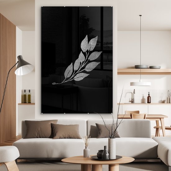 MuchoWow® Peinture sur Verre - Branche avec feuilles allongées sur fond noir - noir et blanc - 100x150 cm - Peintures sur Verre Acrylique - Photo sur Glas