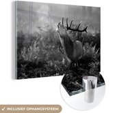 MuchoWow® Glasschilderij 90x60 cm - Schilderij acrylglas - Brullend hert in de ochtend - zwart wit - Foto op glas - Schilderijen