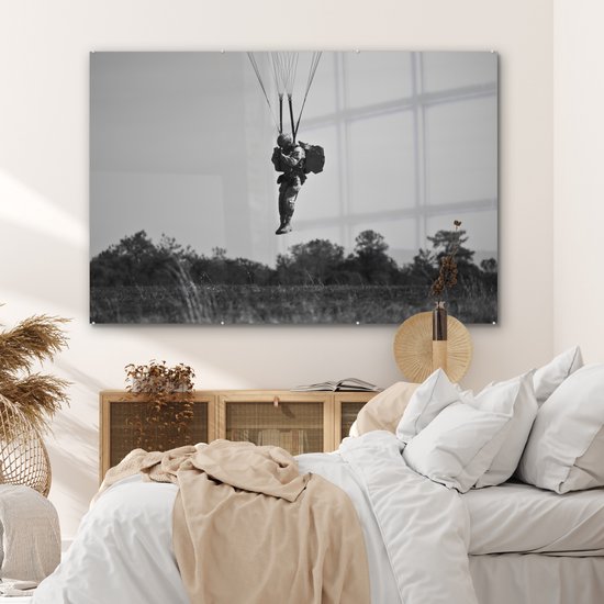 MuchoWow® Peinture sur verre 180x120 cm - Peinture sur verre acrylique - Amérique - Zwart - Wit - Parachute - Photo sur verre - Peintures