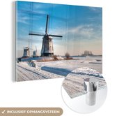 MuchoWow® Glasschilderij 180x120 cm - Schilderij acrylglas - Windmolens in een Nederlands landschap - Foto op glas - Schilderijen