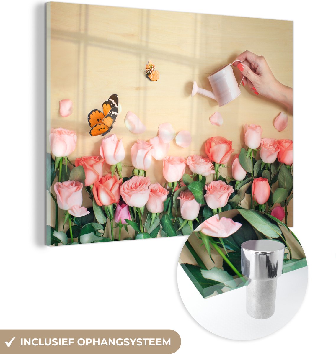 ® Glasschilderij 160x120 cm - Schilderij acrylglas - Bloemen - Rozen - Gieter - Foto op gl