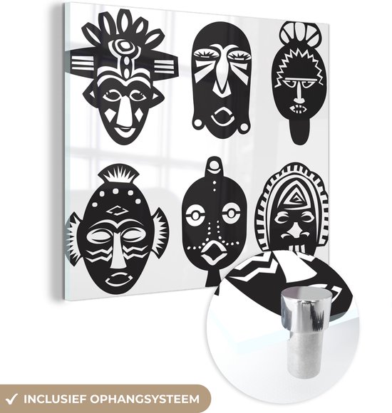 MuchoWow® Glasschilderij 90x90 cm - Schilderij acrylglas - Zwart-wit illustratie van Afrikaanse maskers - Foto op glas - Schilderijen