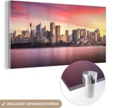MuchoWow® Glasschilderij 160x80 cm - Schilderij acrylglas - Kleurrijke roze lucht boven Sydney in Australië - Foto op glas - Schilderijen