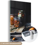MuchoWow® Glasschilderij 80x120 cm - Schilderij acrylglas - Groenten in een weckpot op een houten tafel - Foto op glas - Schilderijen