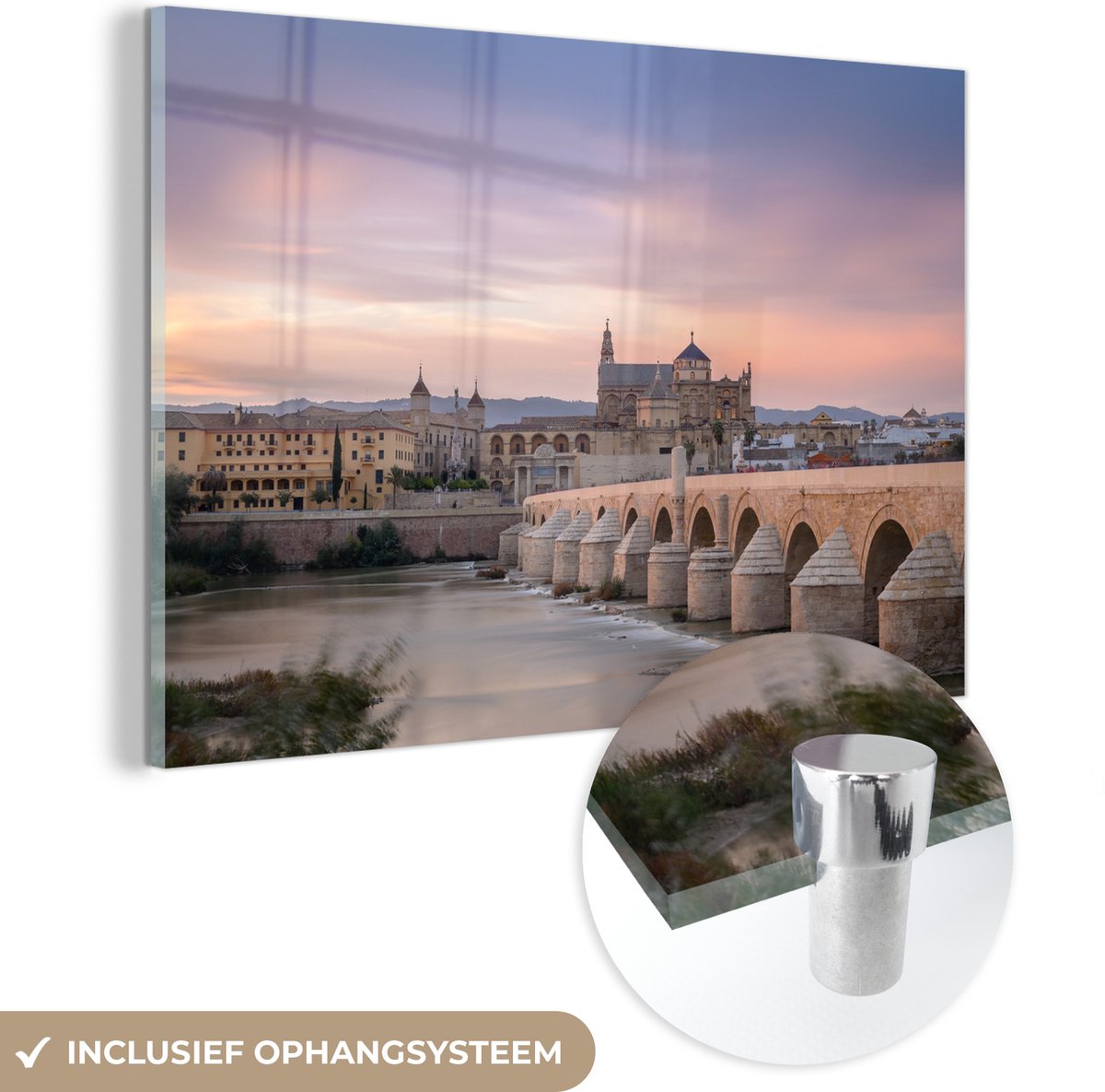 MuchoWow® Glasschilderij 150x100 cm - Schilderij acrylglas - Zonsondergang over de Mezquita in Spanje - Foto op glas - Schilderijen - MuchoWow