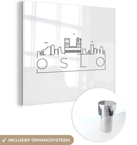 MuchoWow® Glasschilderij 90x90 cm - Schilderij acrylglas - Skyline "Oslo" met een witte achtergrond - Foto op glas - Schilderijen