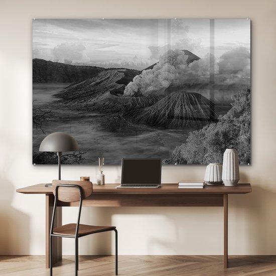 MuchoWow® Peinture sur verre 180x120 cm - Peinture sur verre acrylique - Indonésie - Volcan - Zwart - Wit - Photo sur verre - Peintures