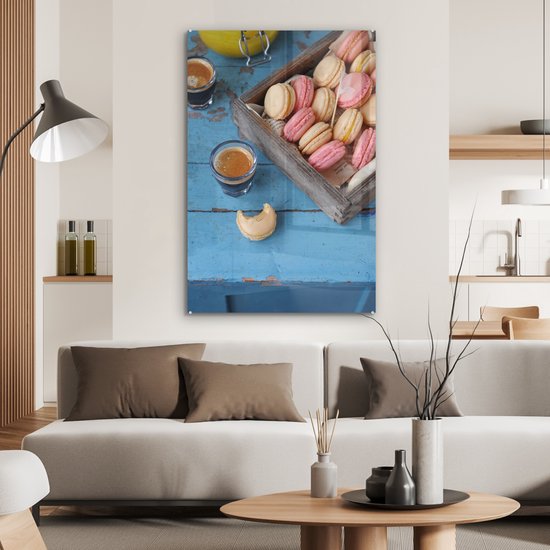 MuchoWow® Peinture sur verre 80x120 cm - Peinture sur verre acrylique - Macarons en boîte sur la table - Photo sur verre - Peintures