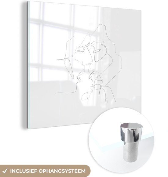 MuchoWow® Glasschilderij 90x90 cm - Schilderij acrylglas - Relatie - Line art - Liefde - Foto op glas - Schilderijen