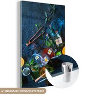 MuchoWow® Glasschilderij 120x180 cm - Schilderij acrylglas - Thee omringd door blaadjes - Foto op glas - Schilderijen