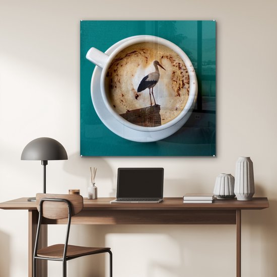 MuchoWow® Peinture sur verre 90x90 cm - Peinture sur verre acrylique - Café - Cigogne - Tasse - Photo sur verre - Peintures