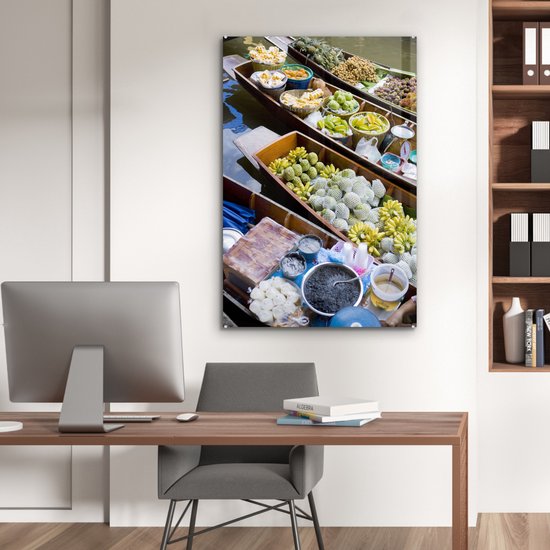 Peinture sur verre MuchoWow® 80x120 cm - Peinture acrylique sur verre - Bateaux flottants au marché en Thaïlande - Photo sur verre - Peintures