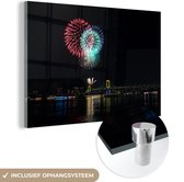 MuchoWow® Glasschilderij 30x20 cm - Schilderij acrylglas - Vuurwerk boven verlichte brug - Foto op glas - Schilderijen