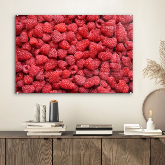 MuchoWow® Peinture sur verre 60x40 cm - Peinture sur verre acrylique - Framboises - Rose - Fruits - Photo sur verre - Peintures
