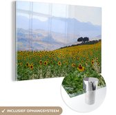 MuchoWow® Glasschilderij 30x20 cm - Schilderij acrylglas - Zonnebloemen in Andalusië - Foto op glas - Schilderijen