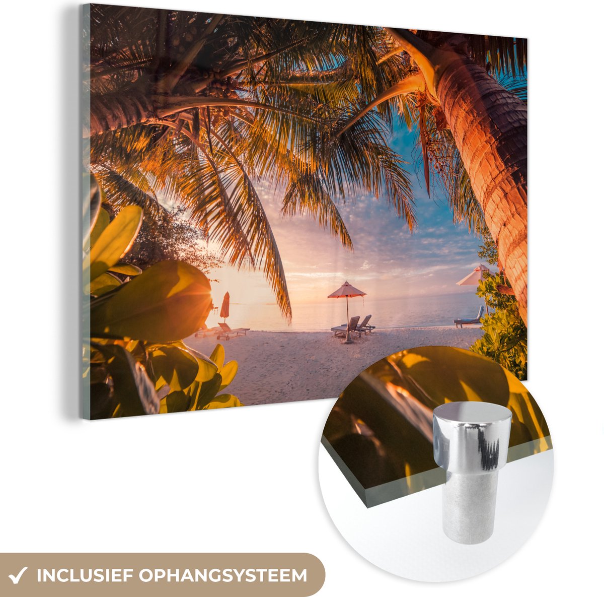 ® Glasschilderij 60x40 cm - Schilderij acrylglas - Parasol - Stoelen - Strand - Foto op glas - Muurdecoratie woonkamer - Wanddecoratie slaapkamer - Schilderijen