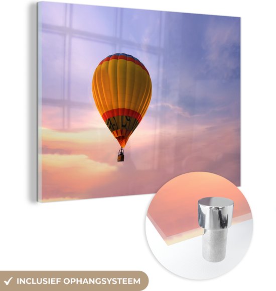 MuchoWow® Glasschilderij 160x120 cm - Schilderij acrylglas - Luchtballon - Lucht - Pastel - Foto op glas - Schilderijen