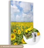 MuchoWow® Glasschilderij 40x60 cm - Schilderij acrylglas - Zonnebloemen - Bloemen - Wolken - Natuur - Geel - Landschap - Foto op glas - Schilderijen