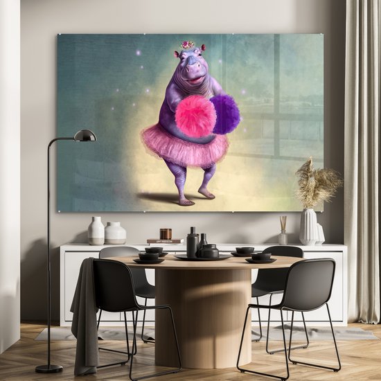 MuchoWow® Peinture sur verre 180x120 cm - Peinture sur verre acrylique - Hippopotame - Fleurs - Ballerine - Pompons - Portrait - Kids - Photo sur verre - Peintures