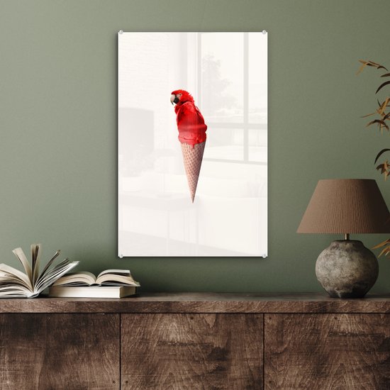 MuchoWow® Peinture sur verre 40x60 cm - Peinture sur verre acrylique - Glace - Perroquet - Rouge - Cornets de glace - Wit - Photo sur verre - Peintures