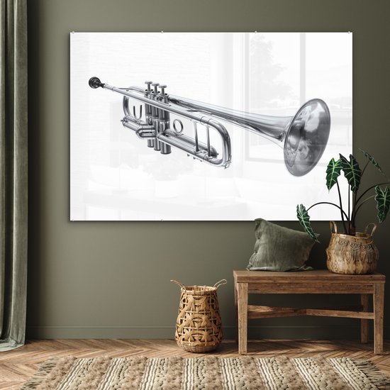 MuchoWow® Glasschilderij 150x100 cm - Schilderij acrylglas - Illustratie van een zilveren trompet - Foto op glas - Schilderijen
