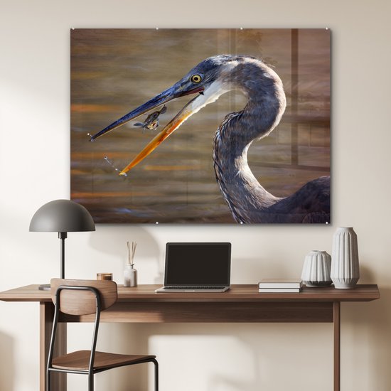 MuchoWow® Peinture sur verre - Héron avec proie - 120x90 cm - Peintures sur verre acrylique - Photo sur Glas