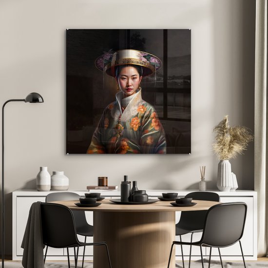 Glasschilderij vrouw - Kimono - Bloemen - Hoed - Asian - Glazen plaat - Woonkamer decoratie - Muurdecoratie glas - Foto op glas - 90x90 cm - Glazen schilderij
