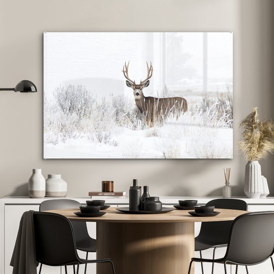 MuchoWow® Peinture sur Verre - Cerf - Hiver - Neige - Animaux - Saisons - Wit - 120x80 cm - Peintures sur Verre Peintures - Photo sur Glas