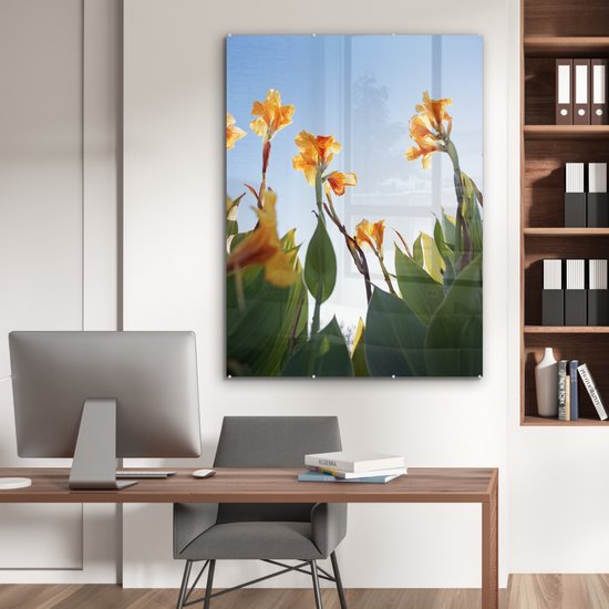 MuchoWow® Peinture sur verre 90x120 cm - Peinture sur verre acrylique - Fleurs de canna sous un ciel clair - Photo sur verre - Peintures