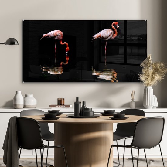 Peinture sur verre - Deux flamants roses debout dans l'eau - 120x60 cm - Peintures sur Verre Peintures - Photo sur Glas