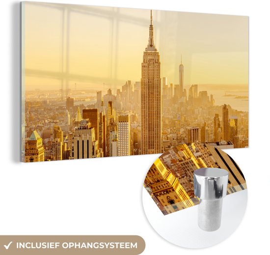 MuchoWow® Glasschilderij 120x60 cm - Schilderij acrylglas - Gouden zonsondergang bij het Empire State Building in New York - Foto op glas - Schilderijen