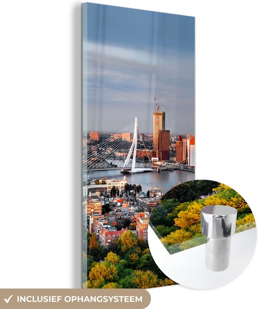 MuchoWow® Glasschilderij 60x120 cm - Schilderij acrylglas - Rotterdam - Skyline - Boom - Foto op glas - Schilderijen